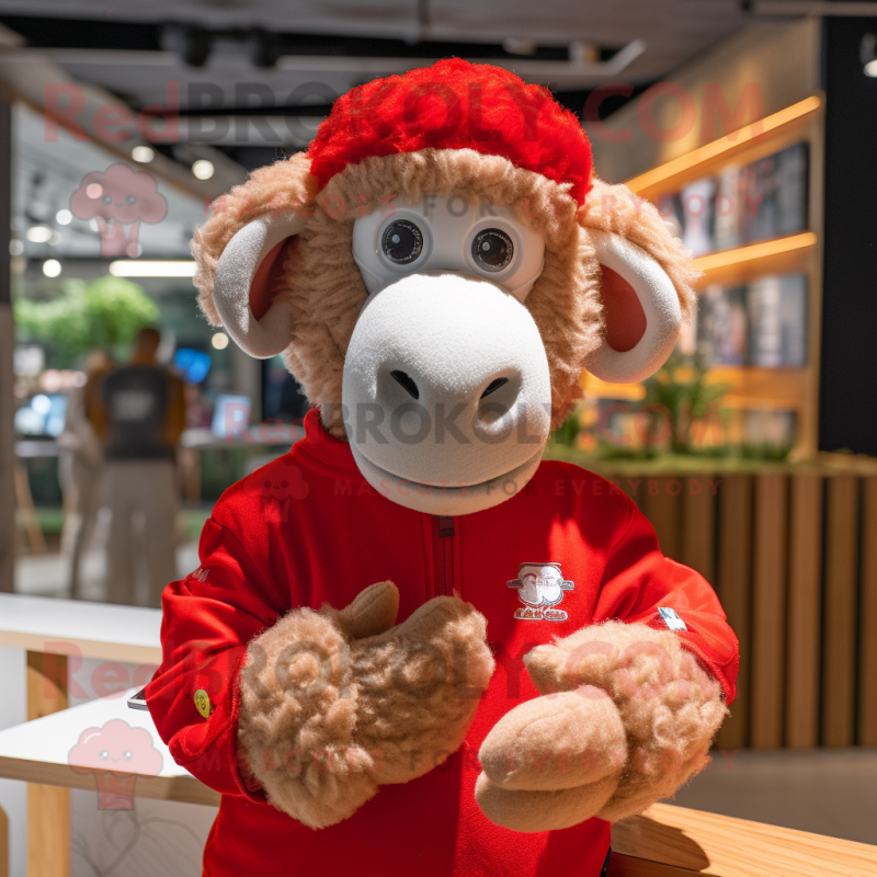 Red Merino Sheep mascot costume character dressed with a Polo Shirt and Mittens