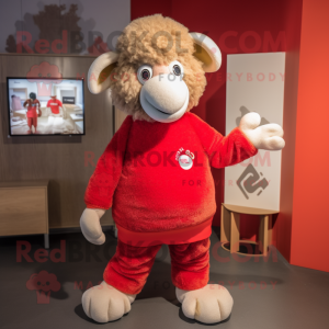 Red Merino Sheep mascot costume character dressed with a Polo Shirt and Mittens