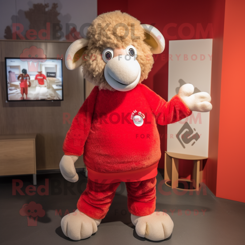 Red Merino Sheep mascot costume character dressed with a Polo Shirt and Mittens Red Merino Sheep mascot costume character dressed with a Polo Shirt and Mittens