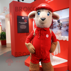 Red Merino Sheep mascot costume character dressed with a Polo Shirt and Mittens