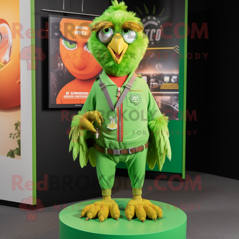 Lime Green Hawk mascot costume character dressed with a Henley Tee and Bracelets