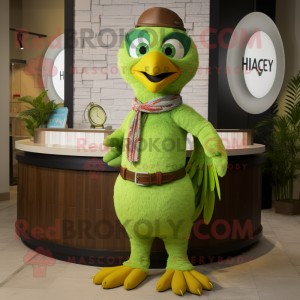 Lime Green Hawk mascot costume character dressed with a Henley Tee and Bracelets