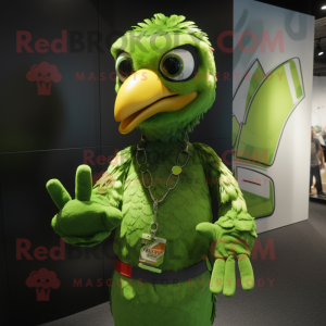 Lime Green Hawk mascot costume character dressed with a Henley Tee and Bracelets