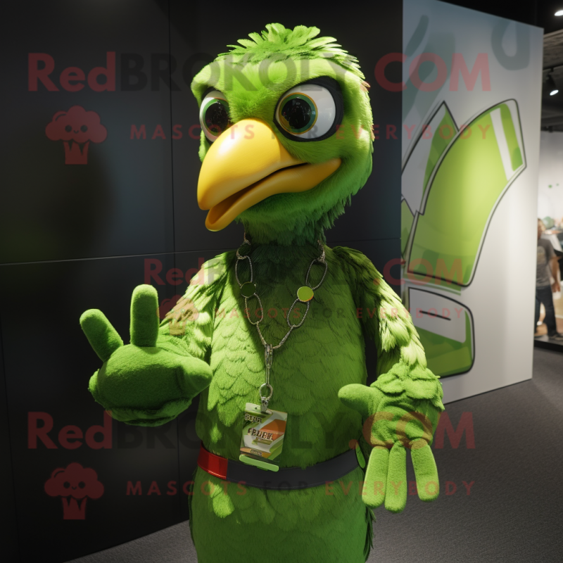 Lime Green Hawk mascot costume character dressed with a Henley Tee and Bracelets Lime Green Hawk mascot costume character dressed with a Henley Tee and Bracelets