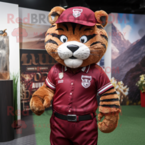 Maroon Tiger mascot costume character dressed with a Blouse and Hats