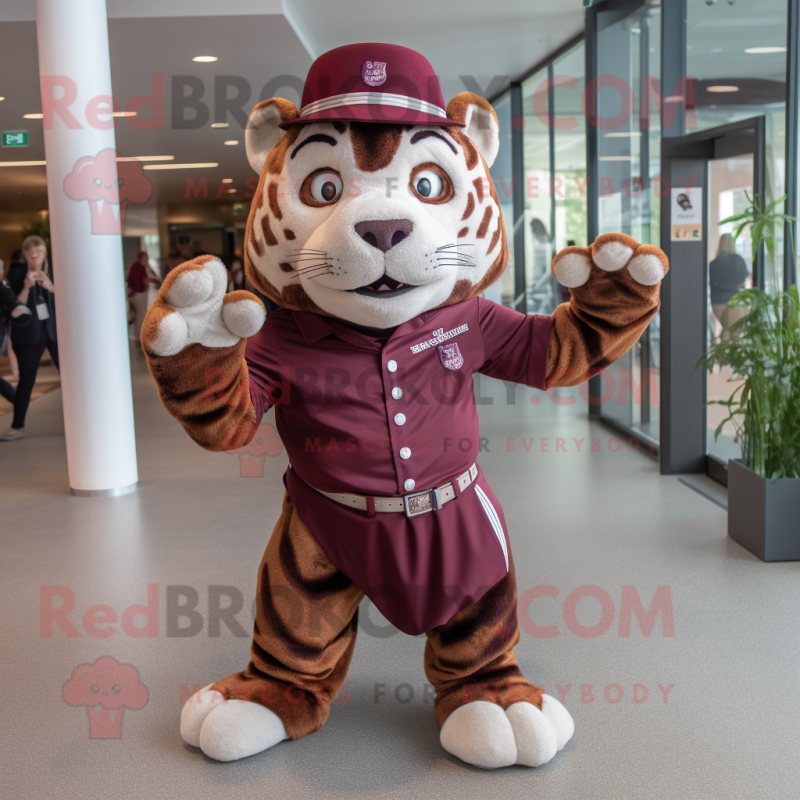 Maroon Tiger mascot costume character dressed with a Blouse and Hats