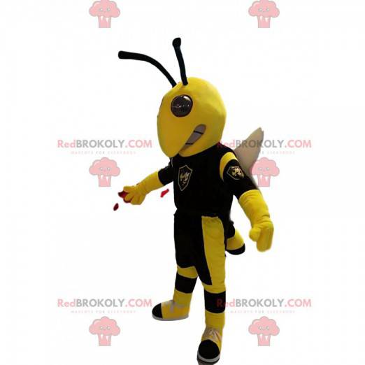 Mascote de vespa amarela e preta, com asas brancas -