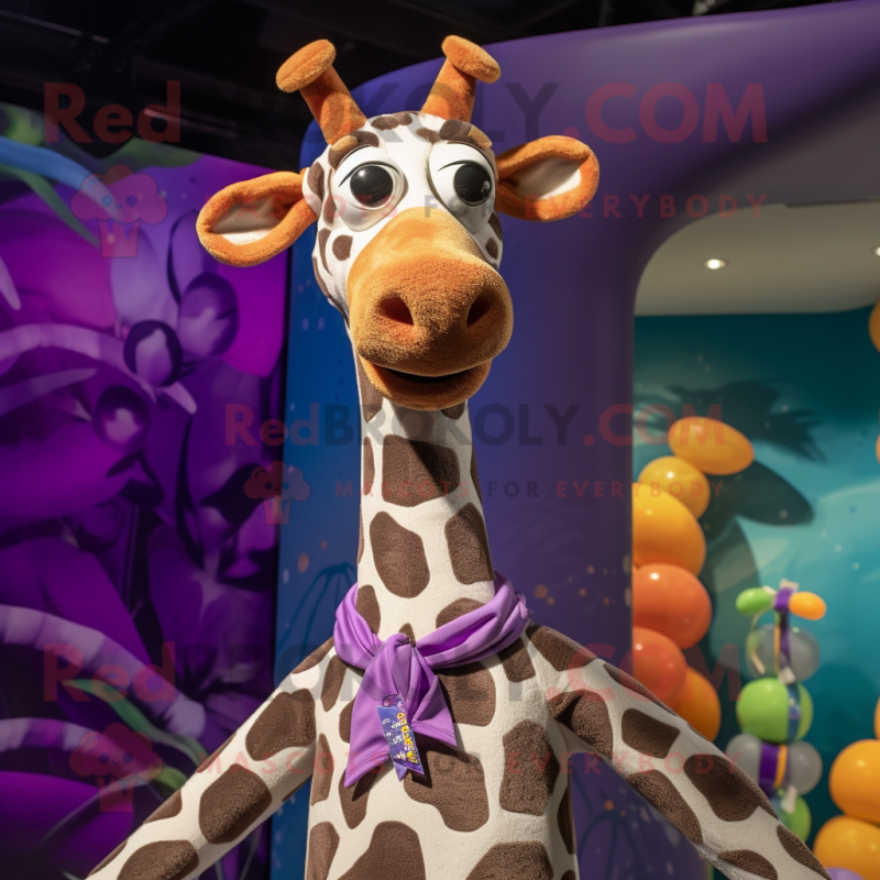 Purple Giraffe mascot costume character dressed with a Swimwear and Bow ties Purple Giraffe mascot costume character dressed with a Swimwear and Bow ties