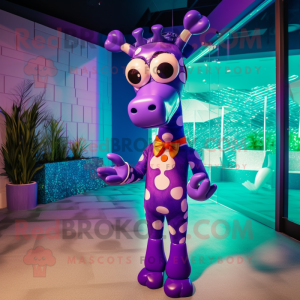 Purple Giraffe mascot costume character dressed with a Swimwear and Bow ties