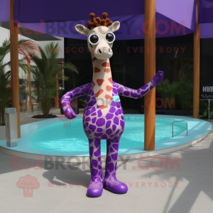 Purple Giraffe mascot costume character dressed with a Swimwear and Bow ties