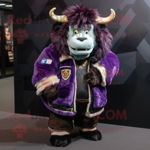 Purple Yak mascot costume character dressed with a Bomber Jacket and Handbags