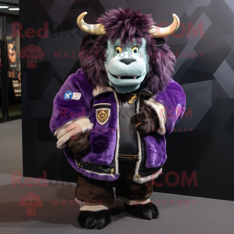 Purple Yak mascot costume character dressed with a Bomber Jacket and Handbags Purple Yak mascot costume character dressed with a Bomber Jacket and Handbags