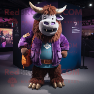 Purple Yak mascot costume character dressed with a Bomber Jacket and Handbags