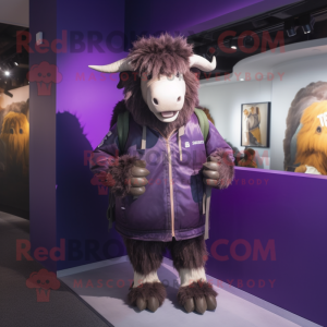 Purple Yak mascot costume character dressed with a Bomber Jacket and Handbags