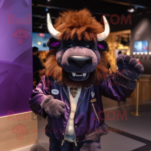 Purple Yak mascot costume character dressed with a Bomber Jacket and Handbags