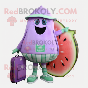 Lavender Watermelon mascot costume character dressed with a Capri Pants and Wallets