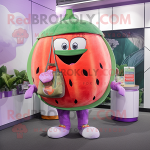 Lavender Watermelon mascot costume character dressed with a Capri Pants and Wallets
