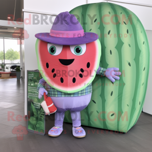 Lavender Watermelon mascot costume character dressed with a Capri Pants and Wallets