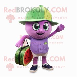 Lavender Watermelon mascot costume character dressed with a Capri Pants and Wallets