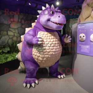 Purple Ankylosaurus mascot costume character dressed with a Shorts and Coin purses