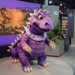 Purple Ankylosaurus mascot costume character dressed with a Shorts and Coin purses