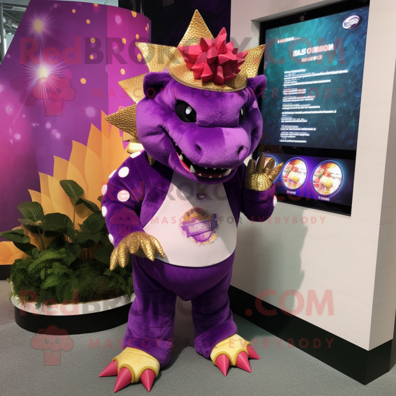 Purple Ankylosaurus mascot costume character dressed with a Shorts and Coin purses Purple Ankylosaurus mascot costume character dressed with a Shorts and Coin purses