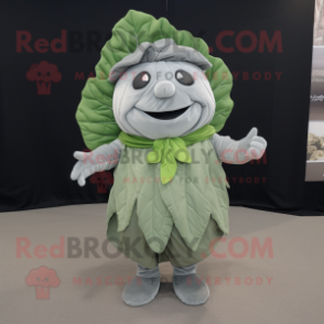 Silver Cabbage Leaf mascot costume character dressed with a Henley Shirt and Earrings