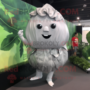 Silver Cabbage Leaf mascot costume character dressed with a Henley Shirt and Earrings