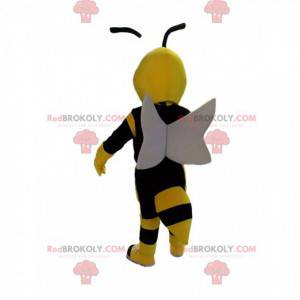 Mascote de vespa amarela e preta, com asas brancas -