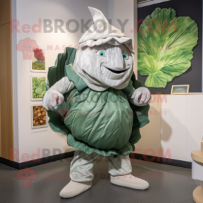Silver Cabbage Leaf mascot costume character dressed with a Henley Shirt and Earrings