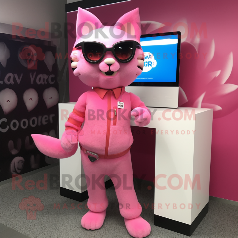 Pink Cat mascot costume character dressed with a Leggings and Sunglasses Pink Cat mascot costume character dressed with a Leggings and Sunglasses