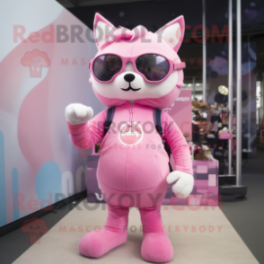 Pink Cat mascot costume character dressed with a Leggings and Sunglasses