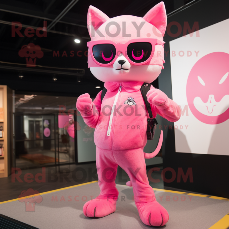 Pink Cat mascot costume character dressed with a Leggings and Sunglasses