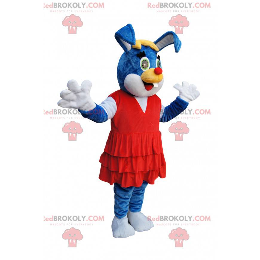 Mascote coelho azul com um lindo vestido vermelho -