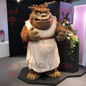 Brown Ogre mascot costume character dressed with a Wedding Dress and Belts