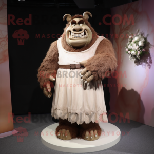 Brown Ogre mascot costume character dressed with a Wedding Dress and Belts