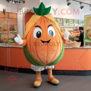 Peach Falafel mascot costume character dressed with a Shorts and Earrings