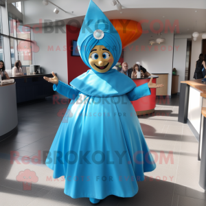 Sky Blue Tikka Masala mascot costume character dressed with a Ball Gown and Hats