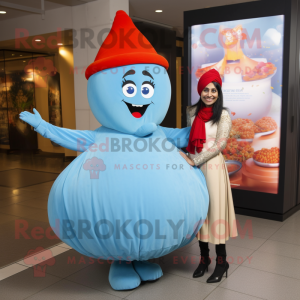 Sky Blue Tikka Masala mascot costume character dressed with a Ball Gown and Hats