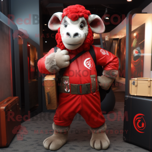 Red Ram mascot costume character dressed with a Bomber Jacket and Briefcases