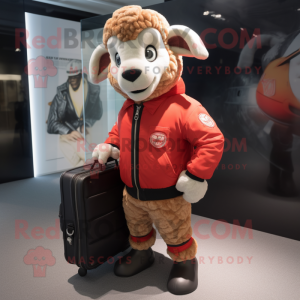 Red Ram mascot costume character dressed with a Bomber Jacket and Briefcases