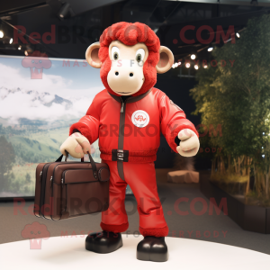 Red Ram mascot costume character dressed with a Bomber Jacket and Briefcases