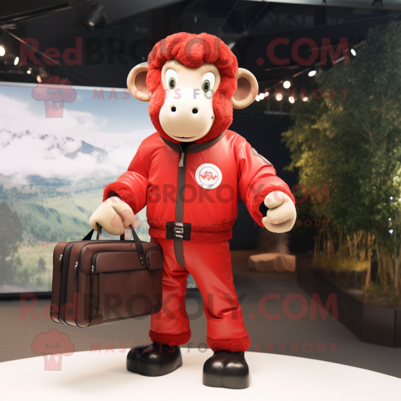 Red Ram mascot costume character dressed with a Bomber Jacket and Briefcases Red Ram mascot costume character dressed with a Bomber Jacket and Briefcases