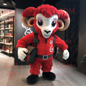 Red Ram mascot costume character dressed with a Bomber Jacket and Briefcases