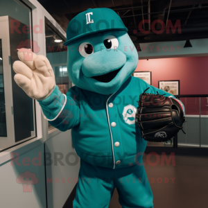 Teal Baseball Glove mascot costume character dressed with a Turtleneck and Mittens