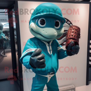 Teal Baseball Glove mascot costume character dressed with a Turtleneck and Mittens