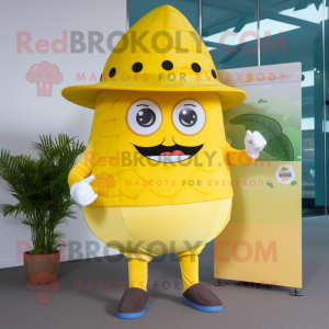 Lemon Yellow Tacos mascot costume character dressed with a Trousers and Lapel pins