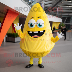 Lemon Yellow Tacos mascot costume character dressed with a Trousers and Lapel pins