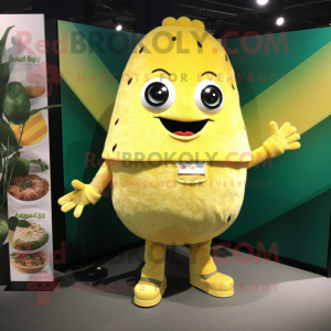 Lemon Yellow Tacos mascot costume character dressed with a Trousers and Lapel pins