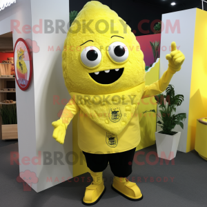 Lemon Yellow Tacos mascot costume character dressed with a Trousers and Lapel pins